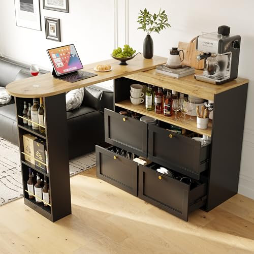 SogesHome Bartisch Küchenschrank Buffet Um 360° drehbarer Bartisch mit 4 Schubladen, offenen Ablagen für Esszimmer Arbeitszimmer Wohnzimmer