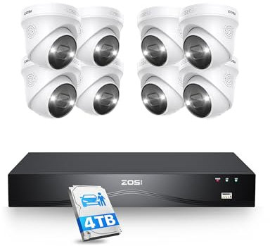 ZOSI 4K PoE CCTV Camera System,16ports 32CH Expandable 8MP NVR and 4TB HDD, 8pcs Outdoor PoE IP Cameras with Color Night Vision, Person/Face/Vehicle Detection, Dual-Disk Backup for 24/7 Recording