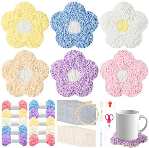 WATINC 22PCS Craft Punch Needle Coaster Kit with Colorful Flower Pattern DIY Embroidery Kit for Beginner Easy Embroidery Art and Crafts Needle Coaster with Instruction for Adults