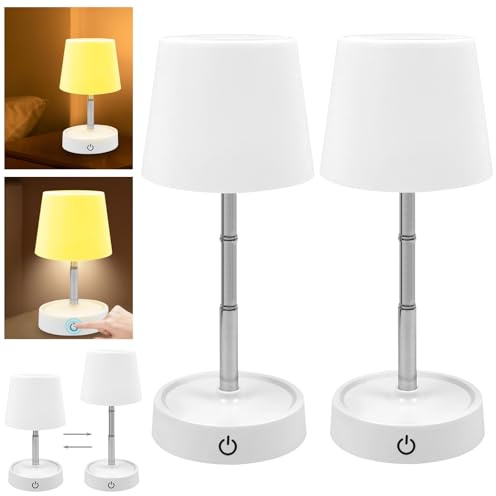 WIYETY 2 Stück LED Tischlampe: Touch LED Akku Tischleuchte Höhenverstellbar, Dimmbar, IP54, USB Aufladbar - Weiß