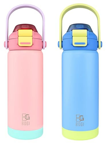 BOGI Kids Metal Water Bottle with Straw, 550ml Stainless Steel Water Bottle Kid for School Leak Proof Insulated Water Bottle 2-in-1 Duo Lid for Boys Girls Keep Drinks Hot & Cold | 2Pack-Pink+Blue