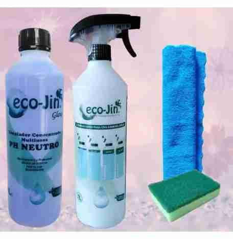 ECO-JIN DETERGENTE EXTRA CONCENTRADO - PRODUCTO REVOLUCIONARIO DEL QUE TODO EL MUNDO HABLA - BOTELLA 1L QUE EQUIVALE A 15L + DIFUSOR + BAYETA + ESTROPAJO ESPONJA (GLOW/Violetas y Jazmín)