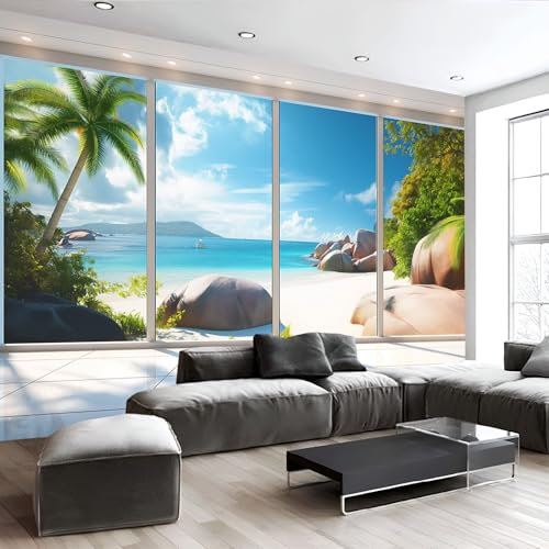 Fototapete Tapete Strand Palmen, ‎150X105Cm (B×H) Foto Tapete Schlafzimmer Wohnzimmer Seidenstoff Wandtapete, Fenster Motivtapeten Bildtapete 3D Effekt Wand Dekoration