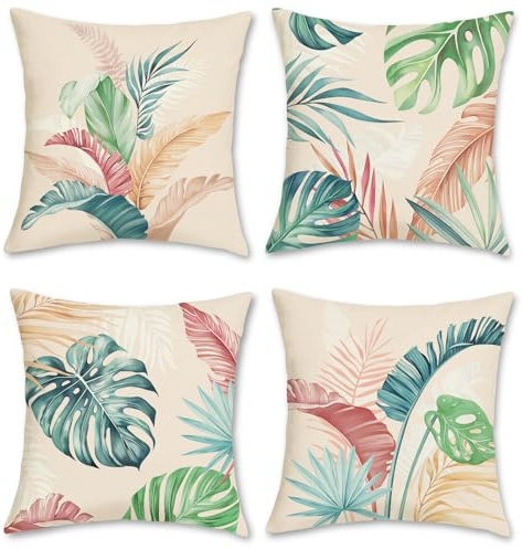 Bonhause 4er Set Kissenbezüge Tropische Blätter 45 x 45 cm Bunte Blätter Pflanze Polyester Leinen Dekorative Kissenhülle Zierkissenbezüge für Sofa Wohnzimmer Zuhause Dekoration