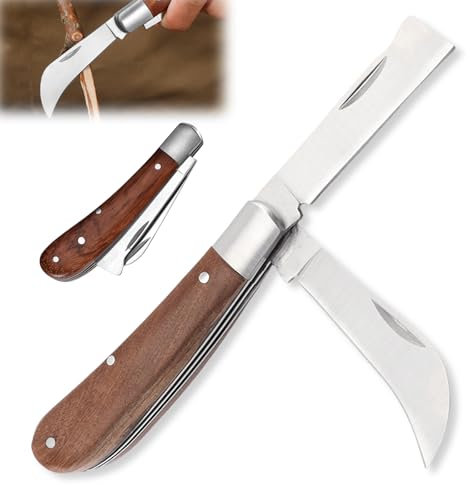 BAIFULAI Coltello a Innesto 2 in 1: Coltello da Giardino Multifunzionale in Acciaio Inossidabile, Coltello Pieghevole per Innesto, Potatura e Giardinaggio (16,5 cm, Marrone)