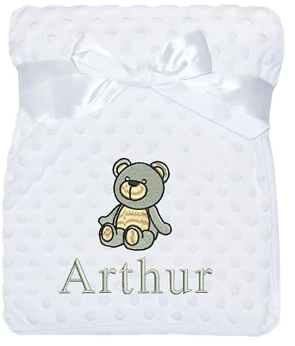 JJLC Personalised Baby Bobble Blanket Embroidered Bear & Name Soft Fleece Wrap (White Bobble)