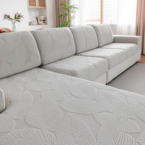 OHSIO Stretch Sofa Überzug - Rutschfester Sofa Sitzkissenbezug | Waschbarer Sofabezug, strapazierfähig & pflegeleicht – Möbelschutz(Hellgrau/Blattmuster, 1x Rückenlehnenbezug)