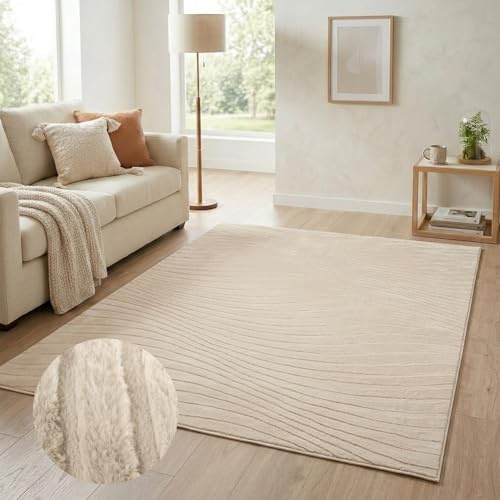 carpet city Teppich Wohnzimmer Kurzflor - 120x170 cm in Beige - Modernes Wellen-Muster in 3D-Optik - Weich & Soft-Touch Haptik - Pflegeleichte Teppiche für Schlafzimmer & Flur