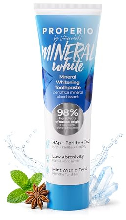 PROPERIO MINERAL white Mineralische Aufhellende Zahnpasta Ohne Fluorid und Peroxid, Hydroxylapatit Zahnpasta mit Perlit und Calciumcarbonat, Sanften Aufhellung, Geringer Abrasivität, Anis-Minz, 100 ml