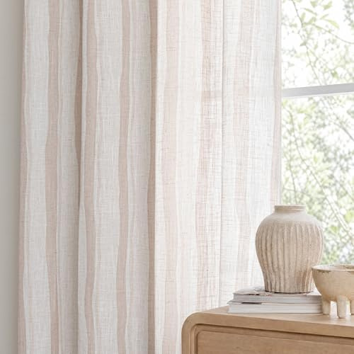 Vorhänge Hellkhaki Ösen Gardinen Halbtransparent Leinen Wellen mit Streifen-H245 x B140 cm für Vorhang Wohnzimmer Schlafzimmer Kinderzimmer Gardine Modern Ösenschal Leinenoptik Linen Curtains 2er set