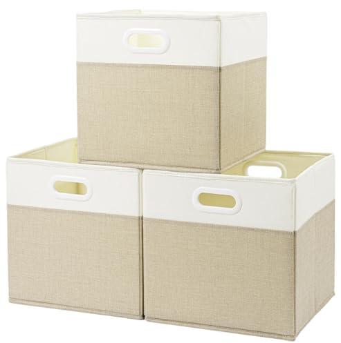 SOCOHOME Fabric Storage Boxes,25x25x25cm Storage Cube, Foldable Storage Baskets for Toys Nursery Closet(Light Khaki/Cream White, 3 Pack)