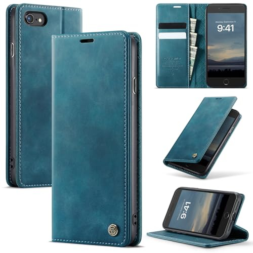 Cracedily Cover per iPhone SE 3/2 Case, Libro Custodia Portafoglio Premium Pelle PU, Slot Scheda, RFID Shieldon, Chiusura Magnetico Aletta Antiurto Case Custodia per iPhone 8/7/6, Blu-verde