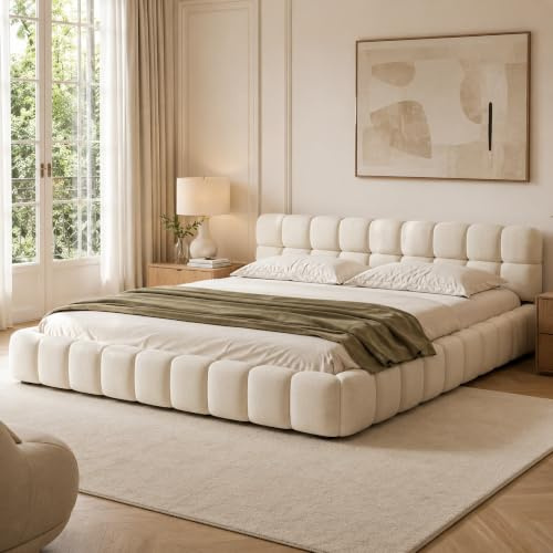 DULRLLY Polsterbett Bubble Bett 160x200 Doppelbett mit Lattenrost, Jugendbett mit Gepolstertes Kopfteil, Gepolstertes Bett für Schlafzimmer und Gästezimmer,ohne Matratze, Leinenstoff (Beige)