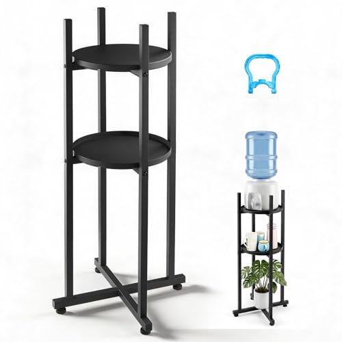 VEVOR Support de Bonbonne d'Eau, Rack de Rangement 2 Niveaux pour 1 Bidon, Cadre Robuste en Métal avec Étagère de Rangement Amovible, pour Cuisine, Bureau, Salon, Base Stable en Forme de Croix, Noir