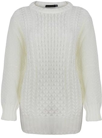 Generation Fashion New Ladies Women Aran Knit Long Sleeve Crew Neck Knitted Cable Jumper Sweater Pullover Top 8-30 (Cream,S-M)
