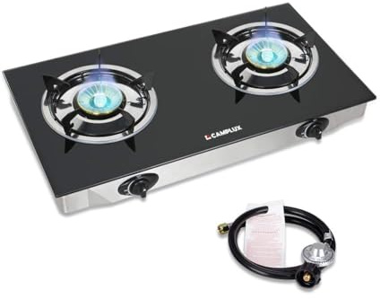 CAMPLUX 2 Burner Propane Stove, LPG Tempered Glass Auto Ignition Double Burner Portable Gas Stove Top, 19,000 BTU Propane Cooktop for Camping, CSA Regulator & Hose Included, estufa de gas portatil