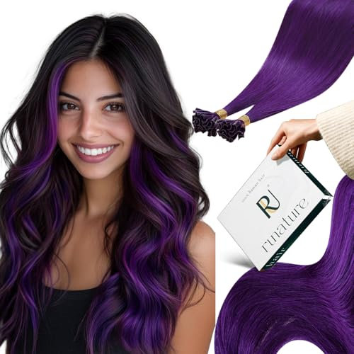 RUNATURE Haarverlängerung Echthaar Bondings Lila 50cm Keratine Bondings Extensions Echthaar Gerade Extensions Echthaar Bondings 1g 25 Strähne Bunt Echte Haare #Purple