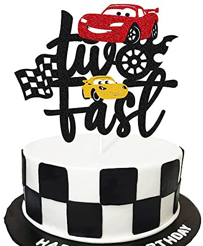 Two Fast Cake Topper Race Car 2nd Cake Decoration for Racing Car Checkered Flag Themed Kids Boy Girl 2 Years Old Happy 2s Birthday Party Supplies Double Sided