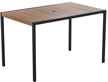 Flash Furniture Lark Outdoor Esstisch aus Stahl mit Schirmloch – Poly-Lattenrost aus Teakholz – handelsüblicher Tisch, schwarzer Rahmen, 30 x 48 cm, Tisch für bis zu 4 Erwachsene