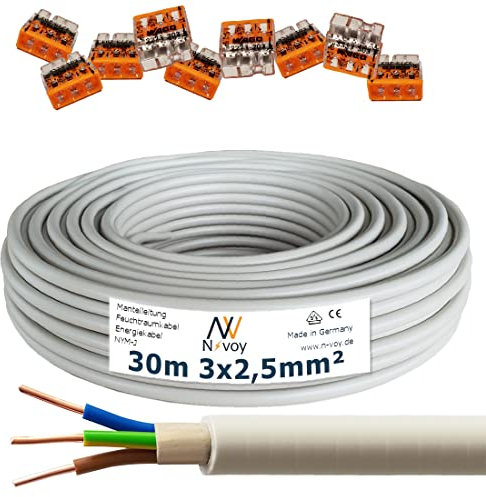 NYM-J 3x2,5 mm² 30m Mantelleitung Installationskabel mit 9 Stück WAGO Klemmen M89