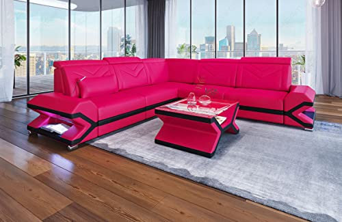 Sofa Sorrento in L Form als Ecksofa mit Bettfunktion zum Schlafsofa Ledersofa mit LED Licht Moderne Couch (ohne Bettfunktion, Pink-Schwarz)