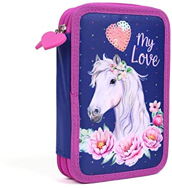 Ragusa-Trade Mädchen Kinder Pferde 2-Fach Federtasche Federmappe Schlamper 29 TLG. gefüllt (PF2), pink/blau, 20 x 13 x 5 cm