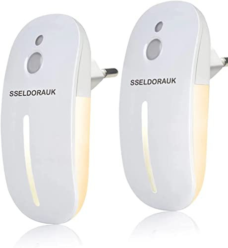 S SELDORAUK Nachtlicht Steckdose mit Bewegungssensor, Plug-in LED licht Helligkeit Dimmbare,Dämmerungssensor,ON/AUTO Modi,3000K für Schlafzimmer Kinderzimmer Bad Küche Flur Treppe(WarmesWeiß 2 Stück)
