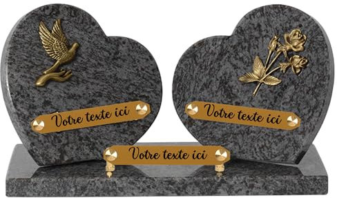 France Tombale Plaque funéraire personnalisée coeur - Granit - assemblée en France - bronze colombe roses - H 20 X L 35 cm - 3 textes