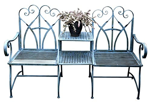 Yclty Blaue Vintage-Gartenbank mit Tisch In Der Mitte, Zweisitzer-Stuhl, Gartenmöbel-Set mit Armlehne, Wetterbeständige Terrassen-Gesprächsmöbel für Den Garten, Rasen, Hinterhof, 150 X 58 X 102 cm