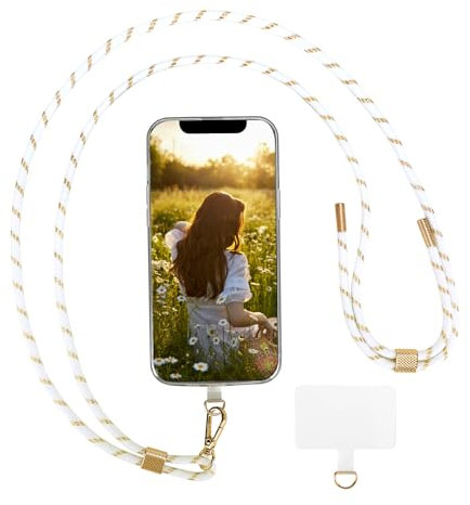 AHABIPERS Cordon Telephone Portable, Universelle Cordon Tour de Cou en Bandoulière avec Patch, Sangle de Suspension Amovible Réglable Résistante Compatibles avec Plupart des Smartphones - Blanc&Doré