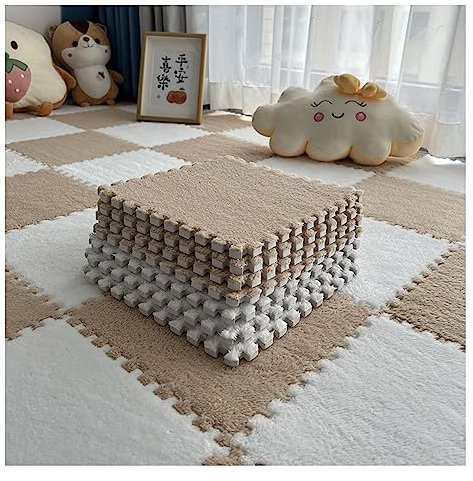 Lot de 10 Tapis Doux à Poils Longs, Carreaux De Moquette Moelleux Imbriqués, Carreaux De Sol Antidérapants pour Jeu De Puzzle, Tapis Sensoriel pour Salle Sensorielle(Color:Blanc+Café léger)