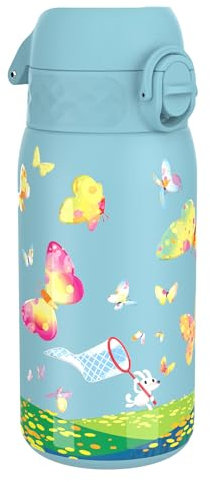 Ion8 Vacuum Insulated Steel Water Bottle, 320 ml/11 oz, Leak Proof, Easy to Open, Secure Lock, Dishwasher Safe, Carry Handle, Metal Water Bottle, ThermoShield Stainless Steel, Blue, Butterfly