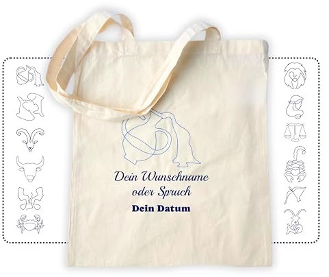 Jutebeutel mit Sternzeichen bestickt - Personalisierter Stoffbeutel aus Baumwolle mit gesticktem Sternzeichen und Geburtsdatum (Natur)