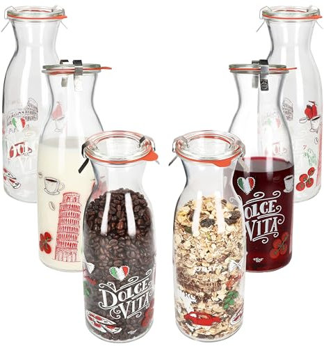 Ritzenhoff & Breker 6er Set Palermo Karaffe 1 Liter + WECK-Zubehör I Krug mit italienischem Dekor aus Glas mit Glasdeckel, Dichtring & Klammern I Saft-Flasche für Wasser, Milch & Co.