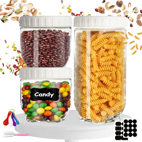 xiruiubao Lot de 3 Pot en Verre Avec Couvercle, 450ml/900ml Empilable Bocaux en Verre Hermétique, Pour Cuisine Stocker les Cereales, Pâtes, Farine, Nourriture pour Animaux de Compagnie