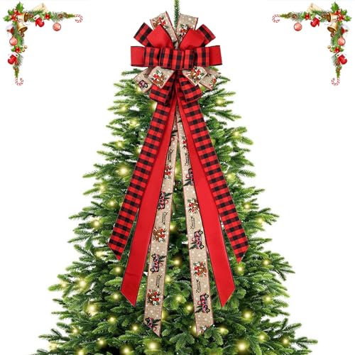 YankMooM Christmas Tree Topper Bow, 113 x 33cm Large Red Christmas Bow for Xmas Home Decoration