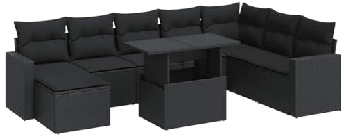 vidaXL 9-TLG. Garten-Sofagarnitur mit Kissen Schwarz Poly Rattan, Outdoor Sofa Set, Outdoor Sofagarnitur, Garten-Lounge-Set, Garten Sofagarnitur