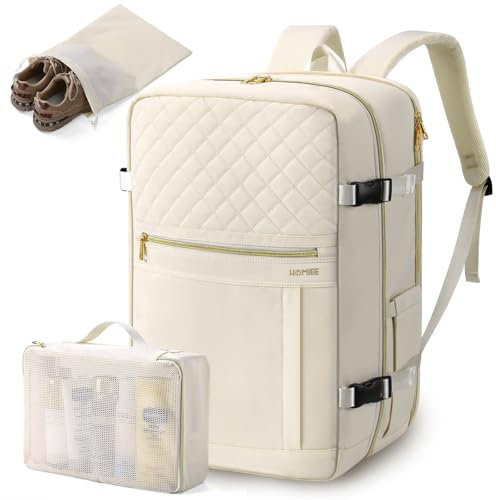 HOMIEE Handgepäck Rucksack Flugzeug Groß 40L Reiserucksack mit Schuhfach Damen Kofferrucksack 17 Zoll Laptoprucksack Wasserdicht Travel Backpack für Reise Camping Wandern Weekend (Perlweiß)