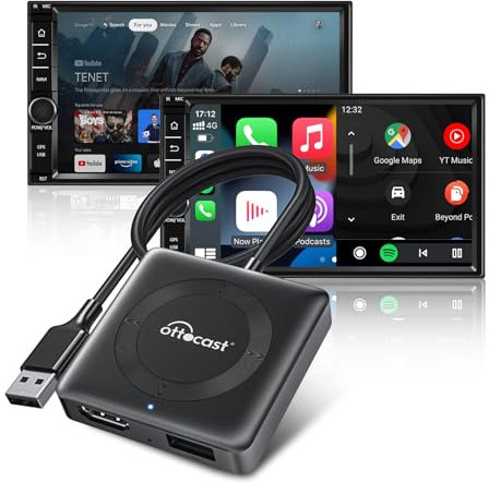 OTTOCAST Android Auto & Carplay Wireless Adapter mit HDMI Multimediale, Car TV Mate Max Plug & Play Kompatibel mit Fire/Google TV Sticks Auto-TV-Converter für Wired Carplay Cars Modell Jahr nach