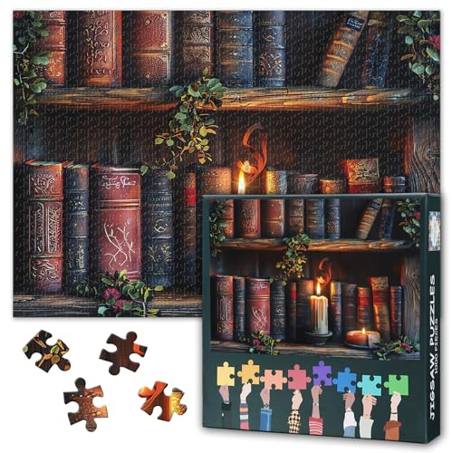 Vintage Bücher Puzzle 1000 Teile Erwachsene, Bücherregal und Kerzenlicht | Lebendige Farben, Wanddekoration für zu Hause, Lernspiele die Ganze Familie, Ideale Geschenk für Rätselfreunde, 70 x 50 cm