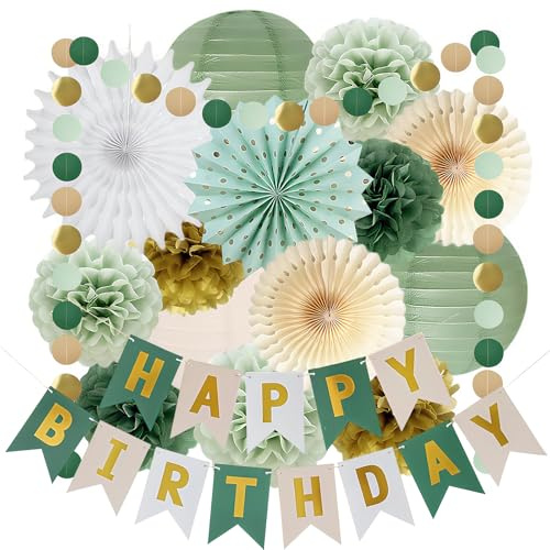 Salbeigrün Geburtstagsdeko, Grüne Geburtstagsparty-Dekorationen, Salbeigrün Party Dekorationen, Creme Gold Seidenpapier, Pom Poms Papierfächer,Olive Seidenpapier Pompoms,für Geburtstagsdeko