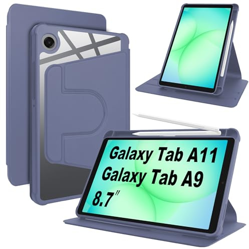 Lemxiee Funda para Samsung Galaxy Tab A11 & A9 8.7 Case con Soporte Giratorio & Ranura para Stylus Funda de Cuero PU + acrílico Transparente