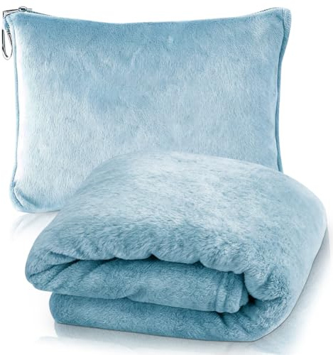 Weiche & Warme Reisedecke für Flugzeug & Auto, 2 in 1 Reisedecke & Kissen mit Rucksackclip, Flugzeugdecke Kuscheldecke Kopfkissenbezug Kompakte Kissen Decke für Flugzeug, Auto, Büro (Blau-B)