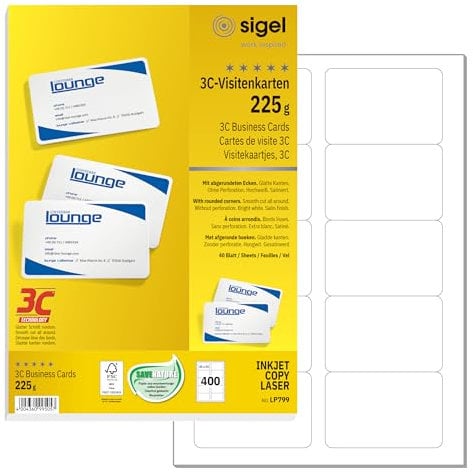 SIGEL LP799 bedruckbare Karten, 400 Stück (40 Blatt A4), hochweiß, abgerundete Ecken, Visitenkarten, Blanko Spielkarten zum Beschriften, glatter Schnitt, 225 g, 85x55 mm, nachhaltiges Papier