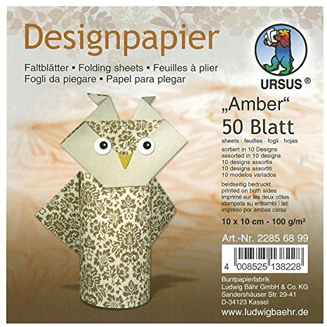 Ursus 22856899 - Designpapier Amber, 50 Blatt in 10 verschiedenen Motiven, ca. 10 x 10 cm, 100 g/qm, beidseitig Bedruckt, ideal zum Falten von kreativen Origami Tieren