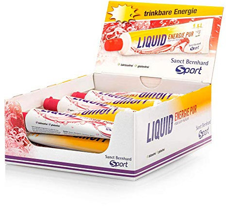 Sanct Bernhard Sport Liquid Energie Pur | 18 Tuben | Kohlehydratreiches Energie-Gel | Geschmack Kirsche | Laktosefrei, glutenfrei und vegan | Deutsche Produktion & laborgeprüft