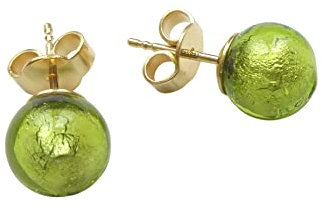 Ohr-Stecker Murano-Glas Perle grün 9 mm Durchmesser rund klein aus Sterling-Silber gold-plattiert 585 Goldschmiede-Arbeit Handarbeit Unikat Geschenk