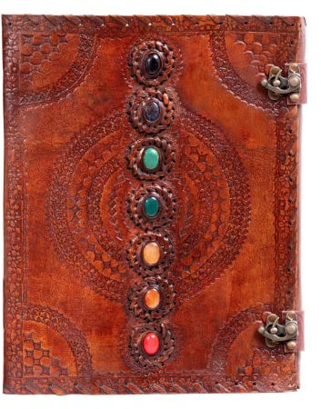 Hell Blues Leather Unlined Bound Journal 13 x 10 inches Large Rustic Diary Seven Chakra Medieval 7-Stone Embossed Handmade Sketchbook Vintage Scrapbook Notepad (200 Pages)