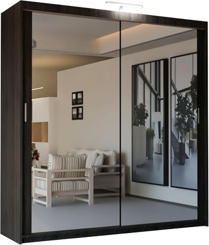 SLIDING WARDROBE 4U Mirror Sliding 2 or 3 Door Wardrobe with LED Light 90cm/120cm/150cm/180cm/203cm/250cm White-Black-Grey-Walnut-Wenge-Oak (Wenge, 150cm)