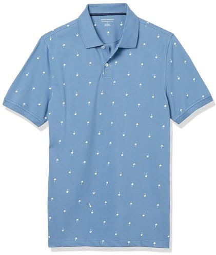 Amazon Essentials Herren Piqué-Poloshirt aus Baumwolle, Schmale Passform, Blau Palmenaufdruck, M